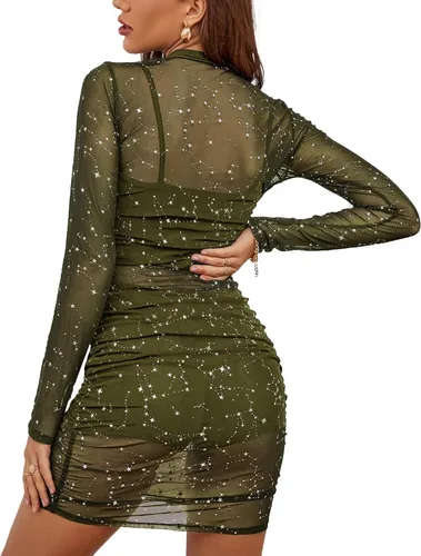Vista 2 de LYANER Vestido de malla para mujer, de manga larga, ajustado, de 3 piezas, con pantalones cortos