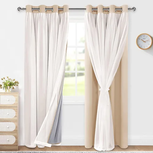 Vista 26 de XWZO Cortinas 100% opacas de doble capa para guardería, cortinas opacas con superposición transparente para dormitorio de niñas, cortinas