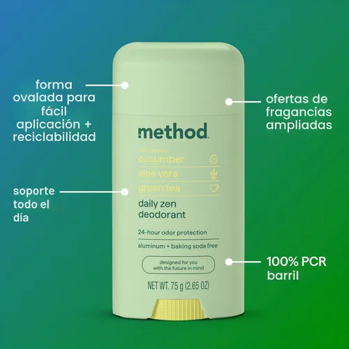 Vista 4 de Method Desodorante, Daily Zen, pepino, algas marinas + notas de té verde, protección contra olores las 24 horas, 2.65 onzas