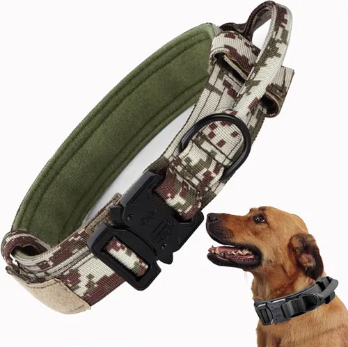 Vista 17 de Collar táctico para perro, collar ajustable de nailon para entrenamiento militar con mango de control y hebilla metálica de liberación rápida pesada
