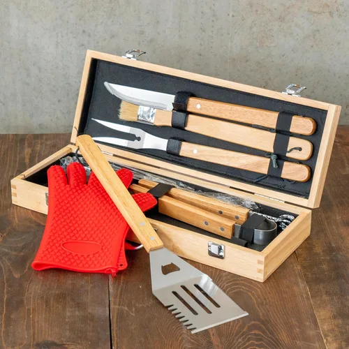 Vista 2 de Makerflo Juego de accesorios para parrilla de barbacoa, caja de herramientas de madera de arce, utensilios de acero inoxidable con guantes, kit
