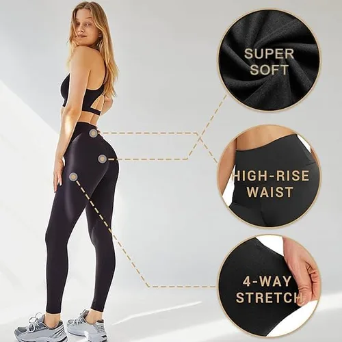 Vista 4 de QGGQDD Paquete de 3 leggings negros de cintura alta para mujer, leggings deportivos suaves para entrenamiento, yoga