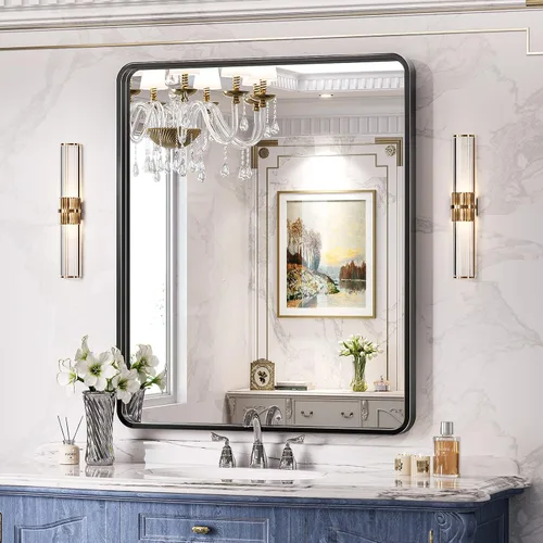 Vista 8 de Brightify - Espejo rectangular para pared de baño de 24x30 pulgadas con marco de metal negro, espejo moderno de tocador para baño, montaje vertical