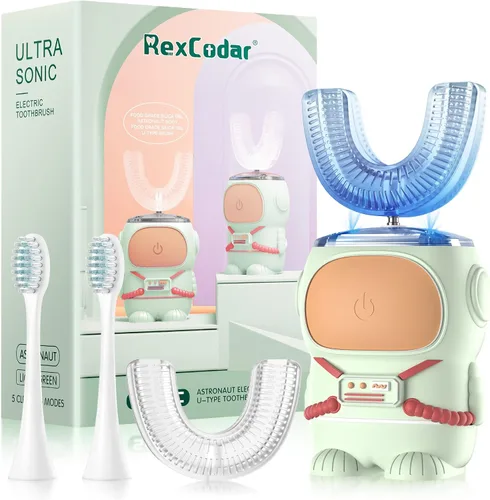 Vista 8 de RexCodar Cepillo de dientes eléctrico ultrasónico en forma de U para niños, IPX7 impermeable, cinco modos de limpieza, astronauta de dibujos