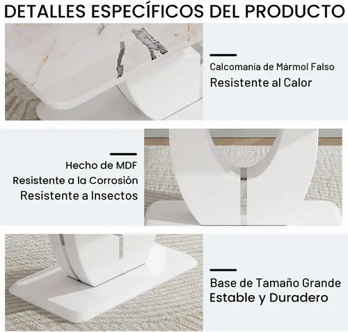 Vista 5 de JUFU Mesa de comedor de mármol sintético de 63 pulgadas para 4-6 personas, moderna mesa rectangular de cocina y comedor, mesa de MDF de aspecto
