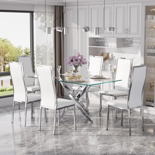 Vista 27 de Juego de mesa de comedor de cristal dorado moderno de 63 pulgadas para 6, juego de mesa de cocina rectangular de 7 piezas con patas de acero Negro