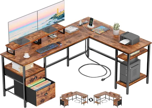 Vista 10 de Furologee Escritorio para computadora en forma de L con toma de corriente, escritorio reversible de oficina en casa para estudio de trabajo, mesa