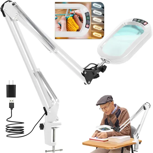 Vista 12 de Lupa rectangular de 10X con luz y abrazadera, 5 modos de color atenuables sin escalones, lupa iluminada con soporte manos libres, lámpara