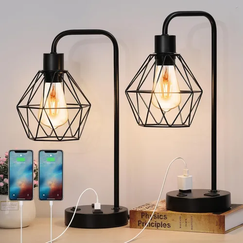 Vista 9 de BTY Juego de 2 lámparas de mesa USB Edison con puertos de carga USB duales y 2 clavijas de salida de CA, jaula de alambre de metal, lámpara de mesa