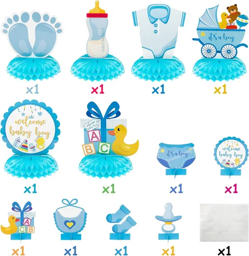 Vista 3 de Centros de mesa de fiesta de baby shower azul para niños, 12 piezas de decoración de panal de baby shower, decoración de bienvenida para niños