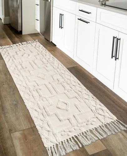 Vista 24 de Uphome Alfombra de Baño Bohemia de 2' x 3', Alfombras Pequeñas de Dormitorio Estilo Granja Lavables con Borlas, Tapetes de Baño Geométricos Beige