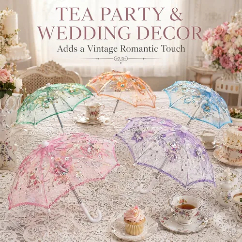 Vista 8 de Toyvian - Paquete de 6 mini sombrillas y sombrillas de encaje, estilo hecho a mano, de lentejuelas decorativas para decoraciones, fiestas de té