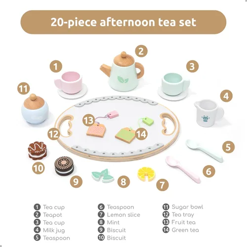 Vista 5 de UMU® Juego de Té de Madera para Niños – Juguete de Fiesta de Té de Juego Simulado con Tazas Coloridas, Bolsitas de Té, Rodajas de Limón y Más