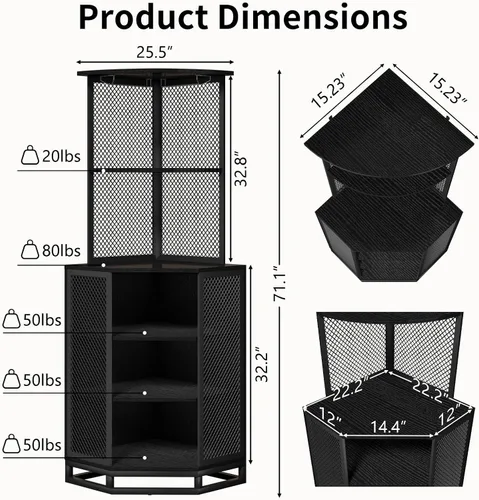 Vista 2 de IBF Armario esquinero de 71 pulgadas de alto para vino con soporte para vidrio, almacenamiento de licor industrial de 5 niveles con estante