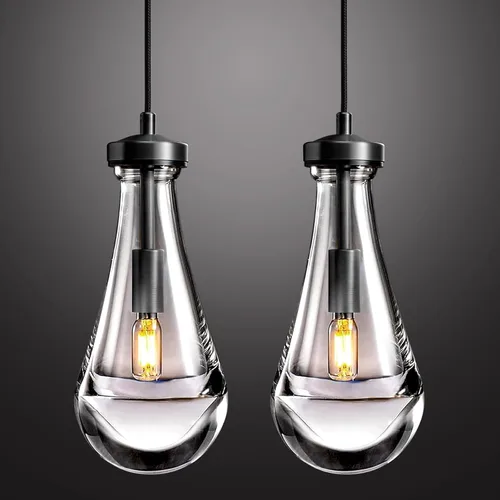Vista 10 de Juego de 2 luces colgantes de gota de lluvia, lámparas colgantes para isla de cocina, lámpara de cristal sólido transparente con forma de gota
