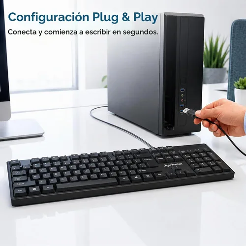 Vista 6 de Manhattan Teclado de computadora con cable – Teclado negro básico – con cable USB-A de 4.5 pies, 104 teclas, soportes plegables – Compatible