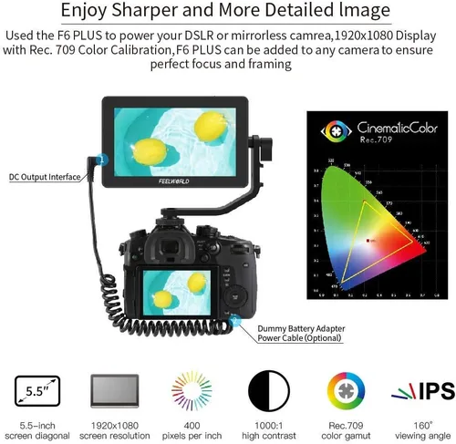 Vista 3 de FEELWORLD F6 Plus V2+Batería+Bolsa Pantalla Táctil de 6 Pulgadas DSLR Cámara Monitor de Campo con 3D Lut Pequeño Full HD 1920x1080 IPS Pantalla