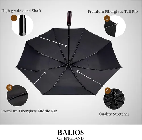 Vista 2 de Paraguas plegable de viaje con mango de madera real, cierre automático, ventilado, resistente al viento, diseñado en Reino Unido