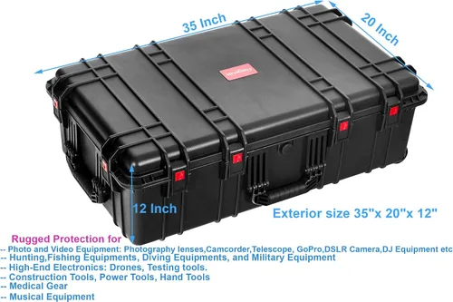 Vista 2 de Regetek Funda rígida impermeable con ruedas, espuma personalizable de 35 x 20 x 12 pulgadas, funda de transporte de equipo para cámara, dron