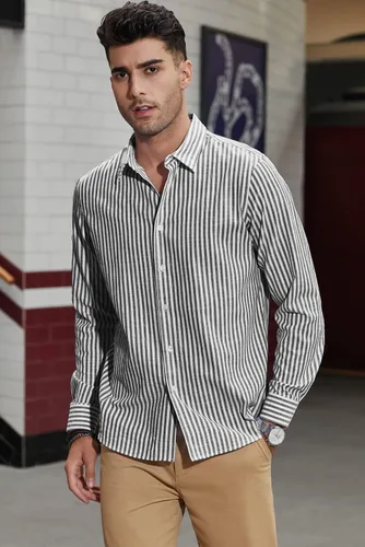 Vista 3 de JMIERR Camisas de algodón para hombre, camisa de vestir a rayas con botones y manga larga