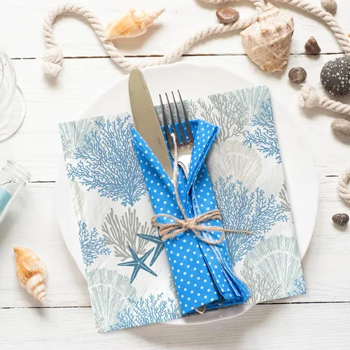 Vista 4 de AnyDesign 100 servilletas de papel de océano desechables con estrellas de mar y conchas de coral, servilletas de almuerzo con temática del mar