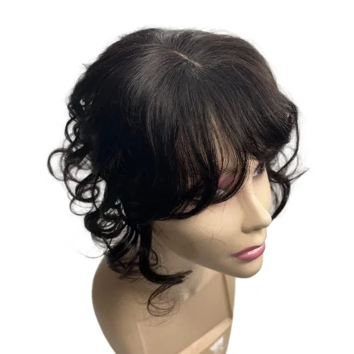 Vista 4 de Anemone Extensiones de cabello humano ondulado con flequillo, 14 pulgadas, extensiones de cabello humano Remy brasileño natural con clip (1B)