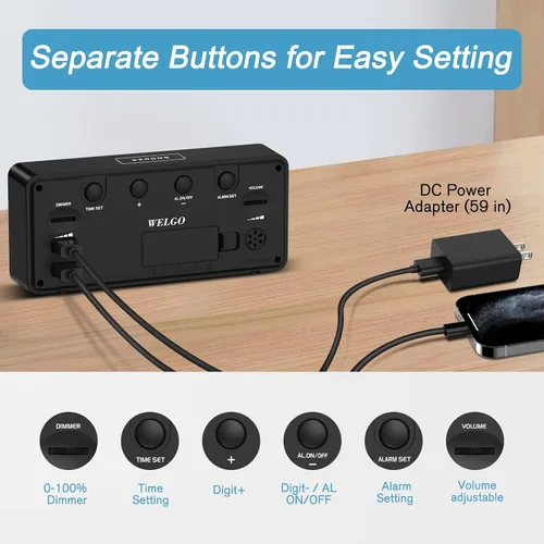 Vista 8 de Welgo Reloj despertador de número grande de 7.5 pulgadas para personas mayores y niños, 0-100% brillo y volumen ajustables, puerto de carga USB