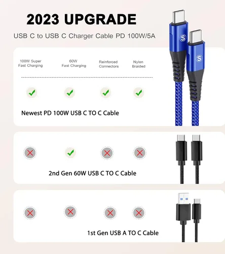Vista 3 de Cable USB C a USB C de 100 W de carga rápida de nailon trenzado de 3.3 pies, paquete de 2 unidades, azul sweguard Cable de carga tipo C