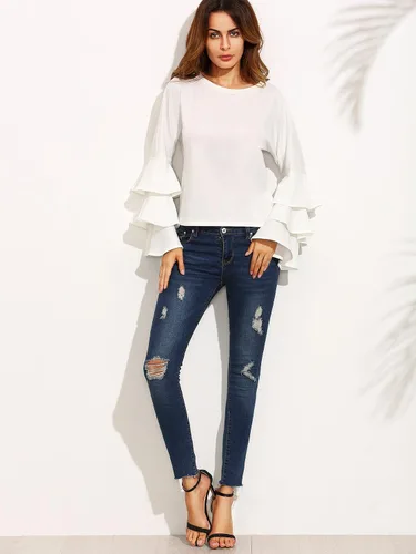 Vista 4 de SheIn Blusa de manga larga con volantes y cuello redondo para mujer