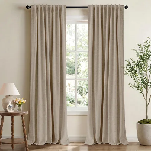 Vista 23 de INOVADAY Cortinas 100% opacas de 63 pulgadas de largo, juego de 2 paneles de lino con pestaña trasera, bolsillo para barra, cortinas opacas
