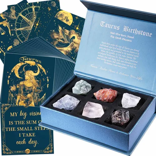 Vista 13 de Faivykyd Regalo de cristales de acuario para mujer, 6 piedras del zodiaco de acuario con 50 tarjetas de afirmación de mantras milagrosos, regalos