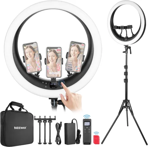 Vista 10 de NEEWER - Anillo de luz RGB LED de 19 pulgadas con soporte, 3 soportes para teléfono, panel táctil, control 2.4G/App, 42W CRI97+ 2800lux/0.5m 360°