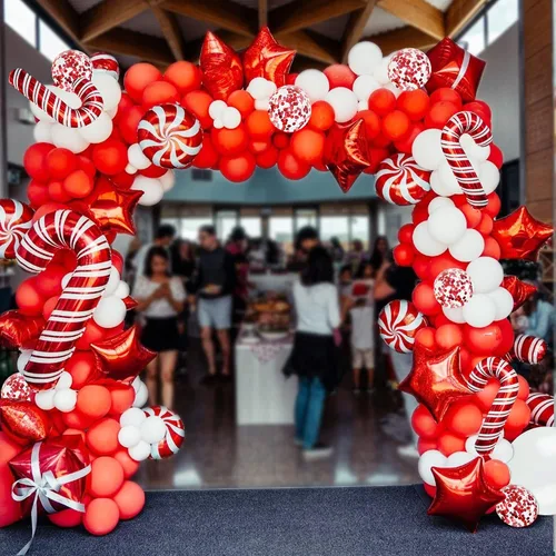 Vista 2 de Kit de arco de globos de Navidad de 175 piezas, incluye globos rojos, blancos, de bastón de caramelo y confeti, kit de herramientas