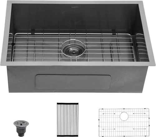 Vista 22 de Fregadero de 13 x 15 pulgadas negro para exteriores, estación de trabajo NANO PVD Gunmetal negro, calibre 16, acero inoxidable, hecho a mano, cuenco
