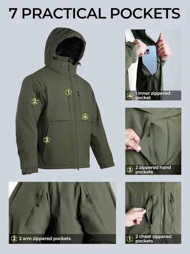 Vista 5 de Men's Winter Insulated Coat Warm Water Resistant Skiing Parka Jacket Fleece Lined Detachable Hood 7 Pockets Work Coat