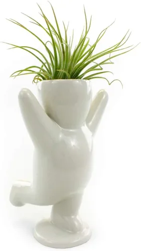 Vista 2 de NW Wholesaler Maceta de cerámica blanca con forma de persona feliz de 3.25 pulgadas con planta de aire Tillandsia viva, plantas de aire