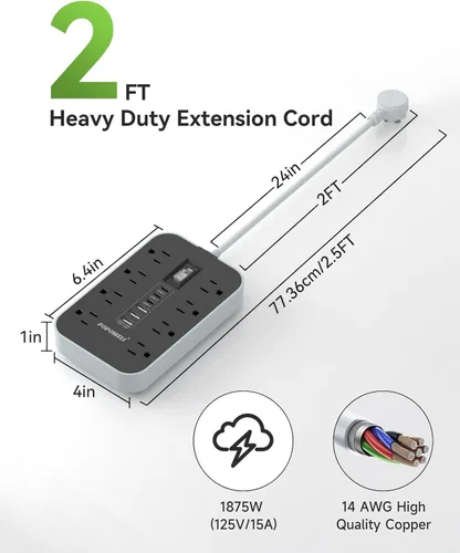 Vista 4 de Regleta de alimentación para electrodomésticos: cable de extensión resistente de calibre 14, 24 pulgadas, 8 tomas de CA y 6 puertos USB, estación
