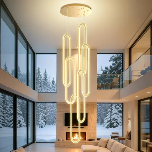 Vista 22 de Flashing God Candelabro moderno, candelabros cromados con 6 anillos LED, lámpara de techo alto más grande para sala de estar, lámpara rectangular