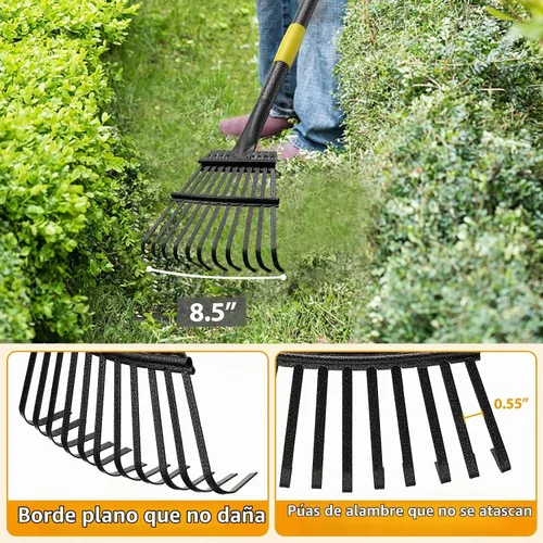 Vista 4 de Rastrillo de hojas de jardín para césped resistente, rastrillo de metal para patio con cabezal pequeño y estrecho de 9 pulgadas, mango largo
