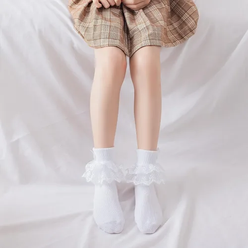 Vista 5 de 2 pares de calcetines de primera comunión con perlas de lazo blanco con volantes para bautizo, calcetines de bautismo con capas de encaje para bebé