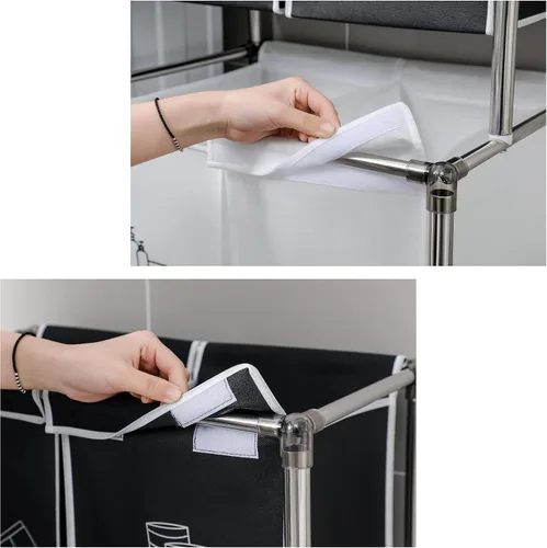 Vista 5 de Cesta de lavandería vertical de 2 niveles con 4 bolsas extraíbles para lavandería, con cuatro ruedas para fácil movimiento, espacios pequeños