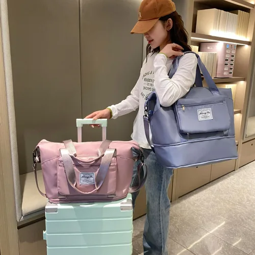 Vista 7 de Bolsa de viaje para mujer, bolsa de hombro grande expandible para fines de semana, bolsa de noche con funda para carrito y bolsillo húmedo, bolsa