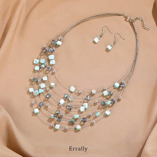 Vista 2 de Collar de cuentas de concha bohemia de varias capas para mujer, hebra de cristal colorida con cuentas plateadas, collares y aretes, disfraces