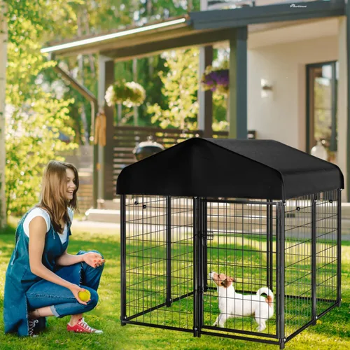Vista 6 de PawGiant - Perrera de alambre soldado para exteriores con techo, 4'x4.2'x4.5