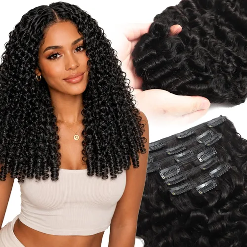 Vista 9 de Extensiones de cabello humano Remy rizado birmano con clip, color negro #1B Natural negro