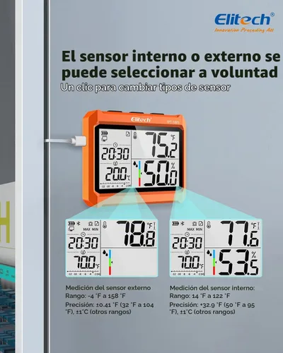 Vista 2 de Elitech Termómetro higrómetro digital Bluetooth, termómetro para refrigerador con aplicación gratuita, monitor de humedad de temperatura en tiempo