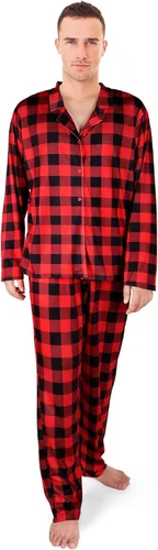 Vista 5 de Conjunto de pijamas de Navidad a juego para parejas, pijamas familiares a cuadros de búfalo de manga larga con botones a cuadros, ropa de descanso