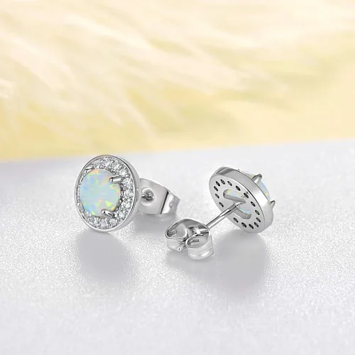 Vista 4 de Aretes de ópalo chapados en oro blanco para mujeres y niñas, aretes de ópalo con halo de circonita cúbica para mujer, Metal, Ópalo creativo