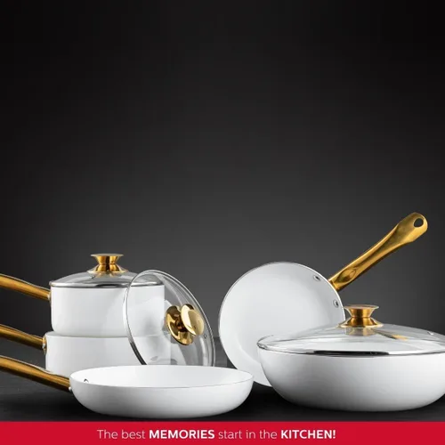 Vista 7 de Holstein Housewares Sartén antiadherente de cerámica de 8 pulgadas, elegante mango de color blanco y dorado, elegancia dorada para cada cocina