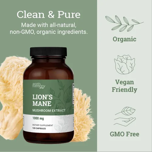 Vista 4 de Earth Harmony Naturals - Suplemento de Melena de León Orgánico (1000mg), Suministro de 2 Meses, Extracto de Hongo Melena de León para Apoyar
